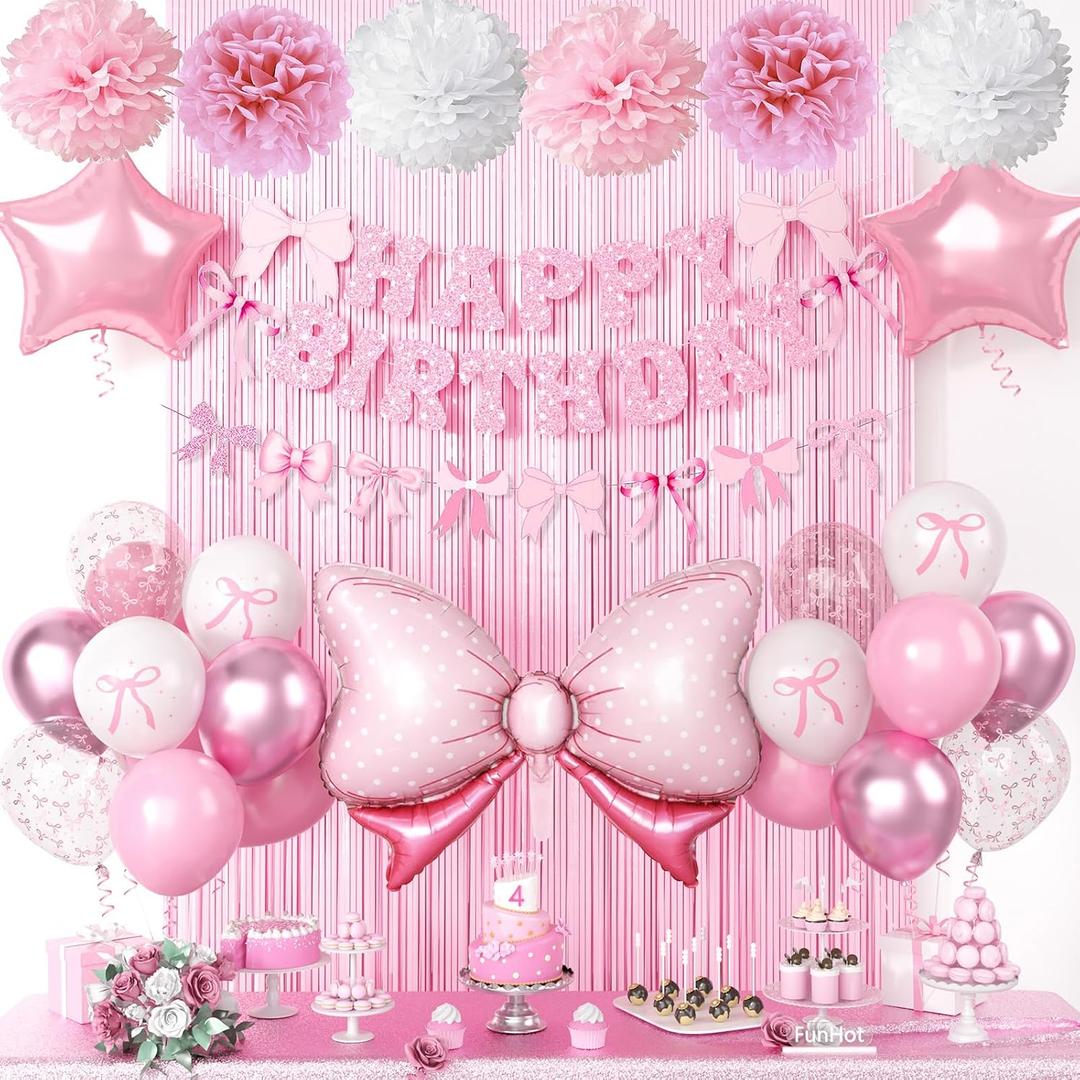 Pink Bow Birthday Party Supplies,Coquette Birthday Decorations,Include Pink and White Bow Balloons Happy Birthday Banner Fringe Curtain Tissue Paper Pompoms Garland