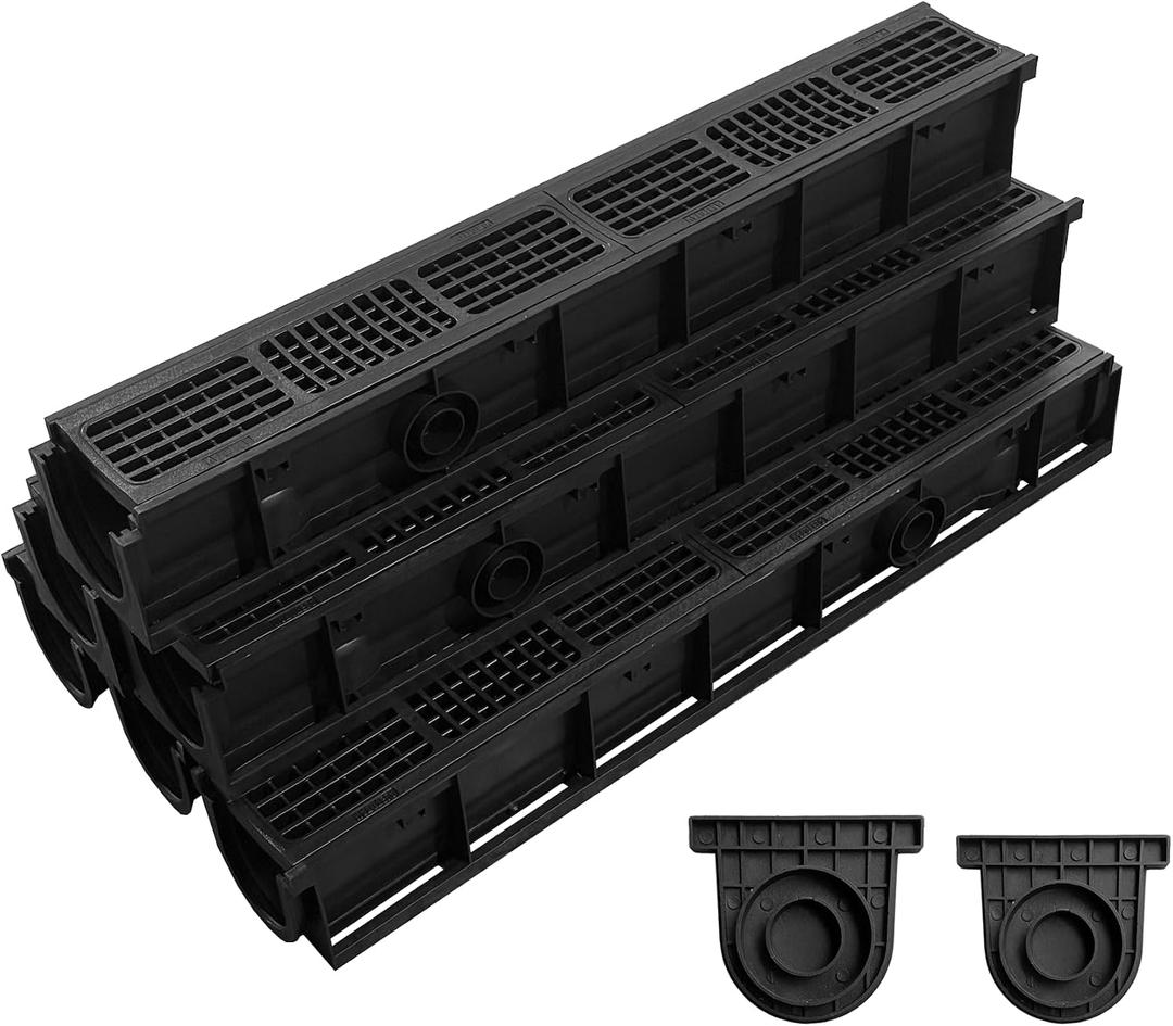 Driveway Channel Drain with HDPE Grate-39.4x6.1x5.5in Deep Profile Trench Drain System for Garage,6 Pack Total Length 236.22in,Heavy Duty Trench Drain for Parking Lot,Concrete