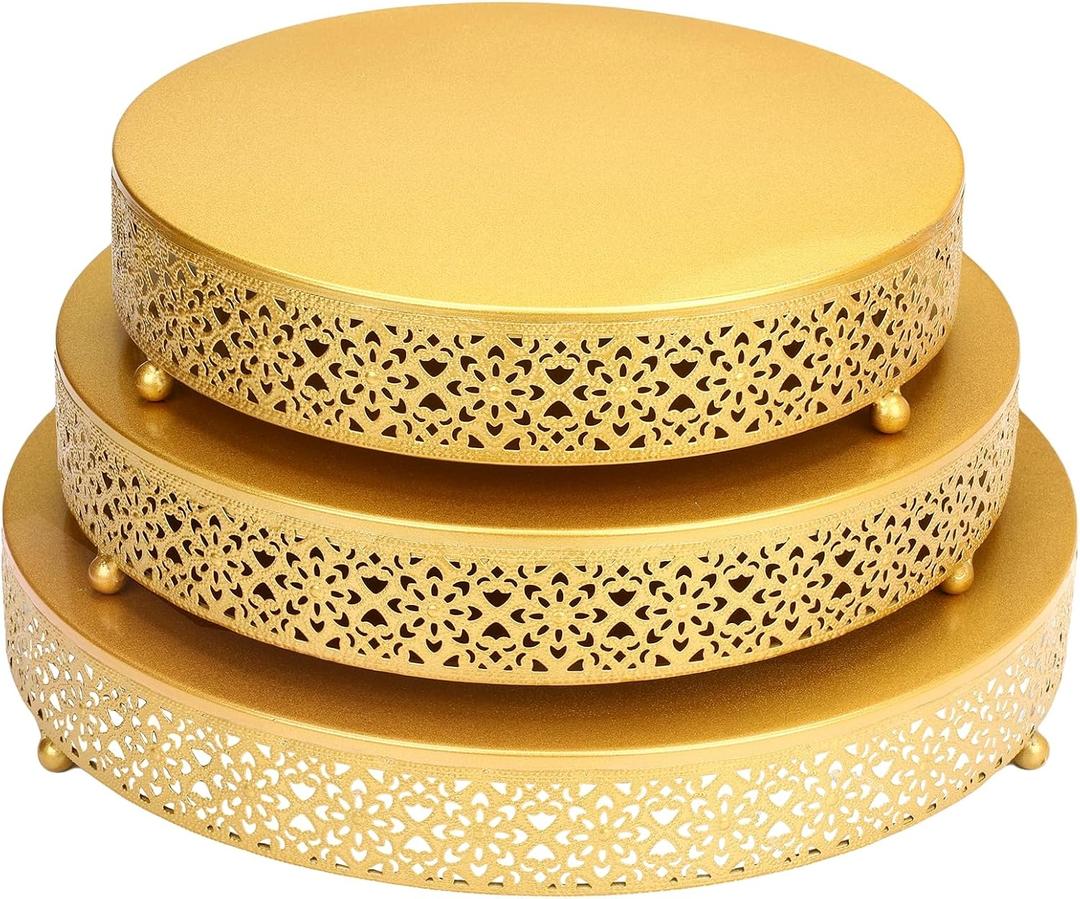 3 Piece Cake Stands Set 16'' 14'' 12'' Round Metal Cake Stands Cupcake Stand Riser Pastry Candy Display Plate for Dessert Table Wedding Event Birthday Anniversary Party (Gold)