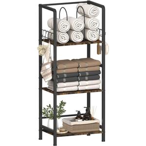 Mondazie Free Standing Towel Racks for Bathroom with U-Shaped Detachable Dividers, 3-Tier Floor Towels Holder Stand with Shelf & 8 S-Hooks, Metal Pool Towel Storage Organizer for Home, Poolside, Black