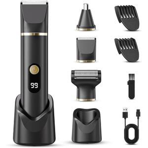 Beard Trimmer for Men, IPX7 Waterproof Body Hair Trimmer Electric Razor Shaver Body Grooming Kit Wet/Dry Use for Groin, Nose, Ear Hairs, Beard, Legs, Chest (Black)