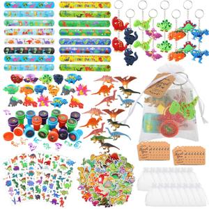 Hungdao 178 Pcs Dinosaur Birthday Party Favors for 16 Kids with Dinosaur Keychain Sticker Stamp Ring Slap Bracelet Tattoo Sticker Gift Bag Tag for Boys and Girls Party Carnival Gift Fillers
