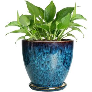 Ceramic Plant Pot, 6 Inch Ceramic Planter Pot with Drainage Hole and Saucer, Succulent Round Flower Pot for Indoor Plants Outdoor, Blue (Blue-glaze)