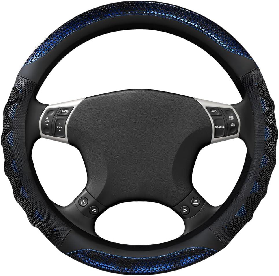 Yourkar Car Steering Wheel Cover, 15 Inch Leather Round Comfy Grip Steering Wheel Protector, Anti-Slip Steering Wheel Cover with 3D Honeycomb for Most Vehicles, Car Accessories (Blue)