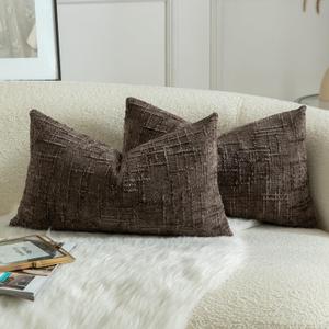 MANDIOO Pack of 2 Soft Chenille Textured Throw Pillow Covers Lumbar Accent Solid Decorative Cushion Cover Cozy Farmhouse Pillow Case for Couch Sofa Bed Living Room 16x24 Inch Coffee