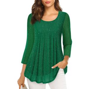 VALOLIA Women's 3/4 Sleeve Tunic Tops Casual Loose Fit Floral Blouses Mesh Pleated Layered Shirt (Large)