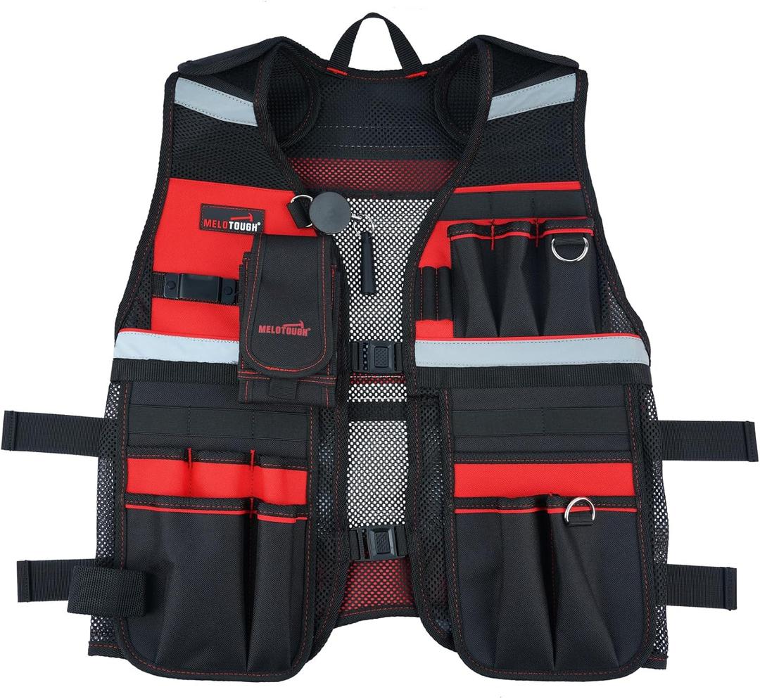 MELOTOUGH Tool Vest for Men Reflective Safety Tool Vest with Adjustable Straps,Removable Phone Holder for Electrical,Carpenters,Construction(Red)