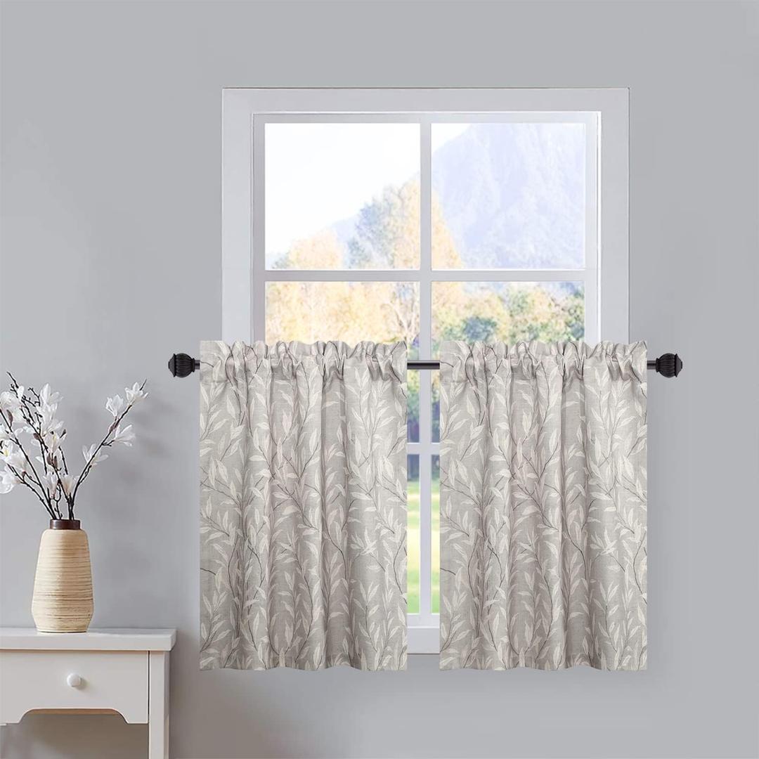 VOGOL Tiers Curtains 30 Inch Length Grey Small Window Curtains for Bathroom Laundry Room Basement Rod Pocket Lovely Leaf Print Window Drapes, 30 x 30, 2 Panels