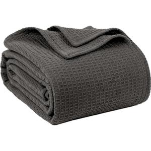 100% Cotton Blankets Queen Size for Bed - Waffle Weave Blankets for Summer, Lightweight and Breathable Soft Woven Blanket for Spring, (Dark Grey, Queen (90" x 90"))
