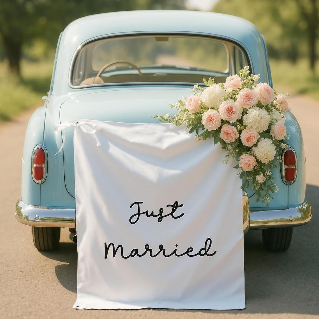 Oudain 29x39 Inch Just Married Burlap Banner, Wedding Fabric Backdrop with Ribbons and Hooks, Rustic Boho Photo Props Sign for Wedding Marriage Party Indoor Outdoor Wall Hanging Decoration