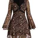 BEAUDRM Women's Y2k Plus Size Hippie Vintage Boho Dress Leopard Bell Long Sleeve V Neck Bow Mesh Goth Mini Dresses (Leopard, 2XL)