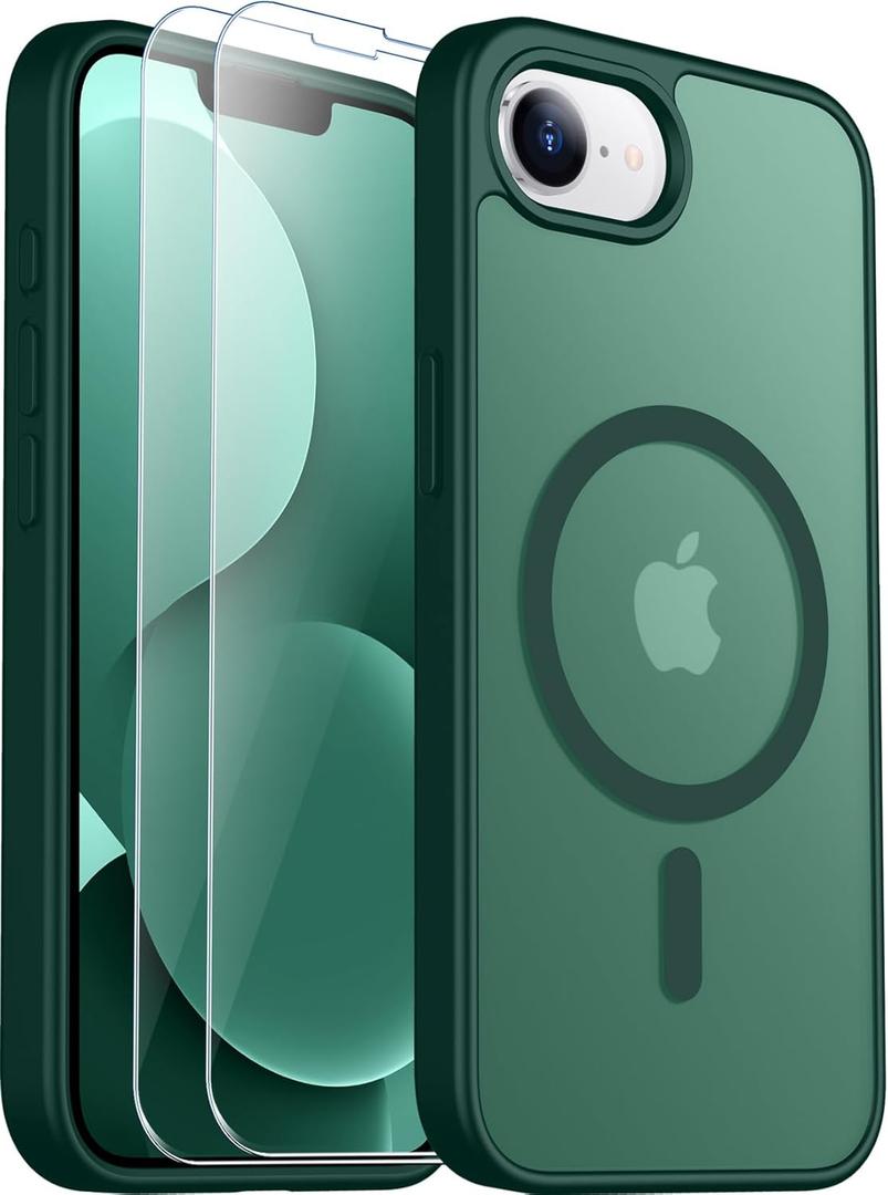 SPIDERCASE for iPhone 16e Case for iPhone 17e Case, Magnetic Translucent Matte Case with 2PCS Tempered Glass Screen Protector Slim Phone Case for iPhone 16E/17E 6.1'',Forest Green