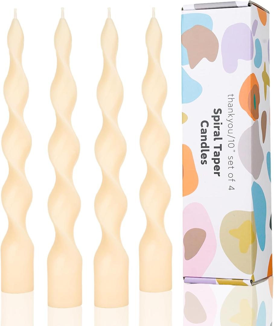 9.8" Ivory Spiral Taper Candles Dripless Twisted Taper Candle Handmade from Vegan Soy Wax for Holiday Wedding Party Home Dinner Decoration Party and Any Occasion,Set of 4(Ivory)