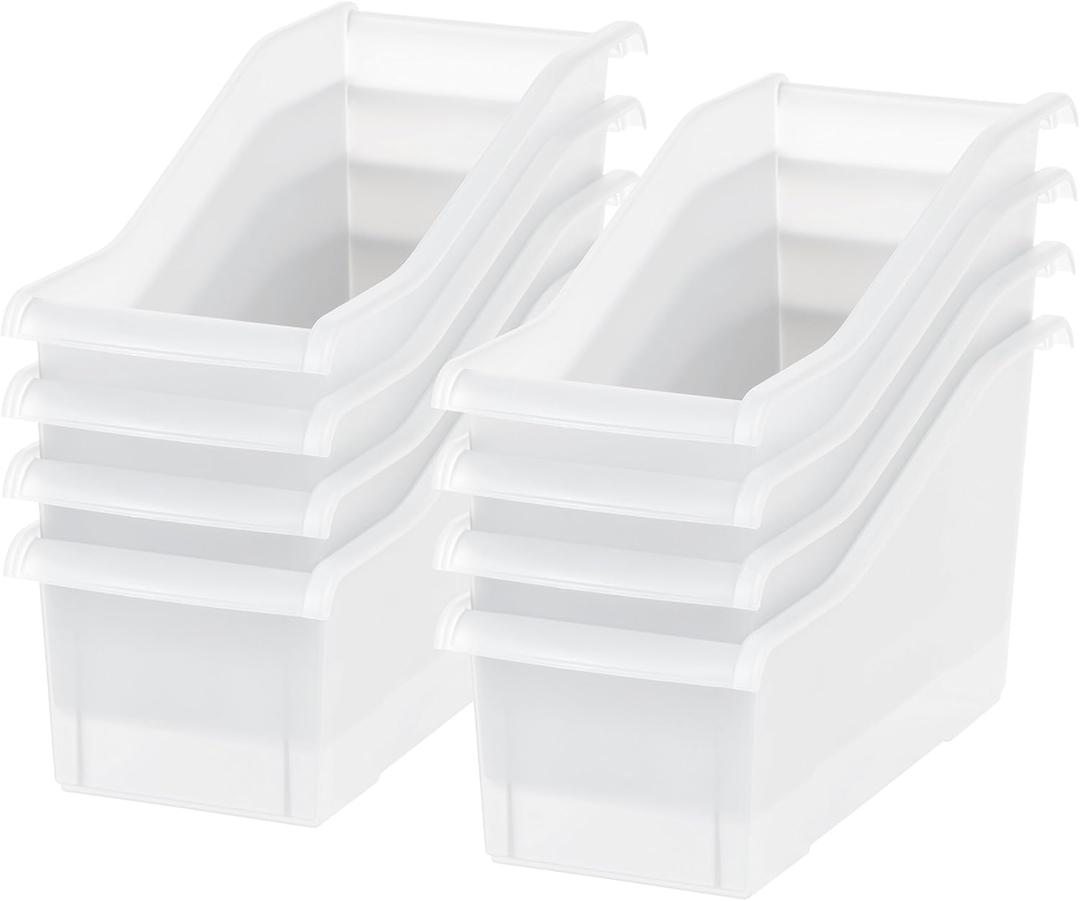 IRIS USA Plastic Book Bin Magazine Holder, 8-Pack, Vertical Standing Connecting Container Box for Office Dorm Study Homework Binder Notebook File Craft Stationery Supplies Organizer Caddy, Clear