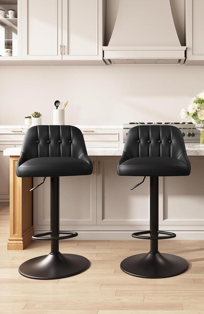 Bar Stools Set of 2, Swivel Bar Chairs, Modern Adjustable PU Leather Upholstered Barstools Counter Height with Tufted Back for Bar, Kitchen Counter Island, Dining Room, Black