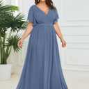 Ever-Pretty Plus Women's Chiffon Short Sleeves A-Line V-Neck Empire Waist Floor Length Plus Size Formal Bridesmaid Dress (Blue)