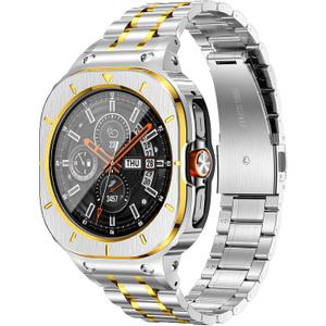 BAITEYOU Stainless Steel Bands with Case Compatible with Samsung Galaxy Watch Ultra 2/1 47mm (2025 2024), Rugged Protector Cover Metal Band for Galaxy Watch 7 8 Ultra for Men (Silver & Gold)