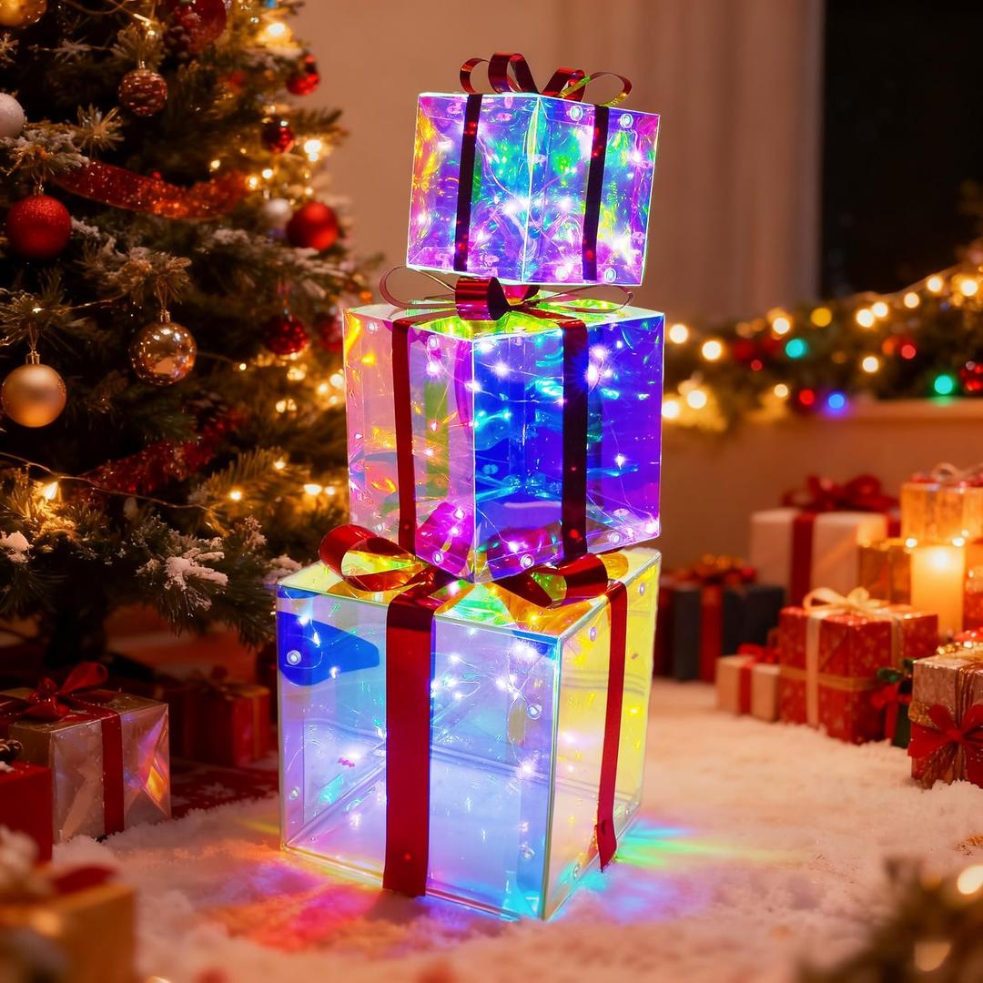 Christmas Light-Up Gift Box Set (3 Pieces)-USB Powered Decorative Present Boxes in Assorted Sizes for Indoor Christmas Ornaments Holiday Displays for Yard Xmas Tree Party Lawn Porch