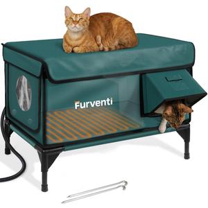 Outdoor Heated Cat House in Winter,Extremely Insulated & Weatherproof,Elevated Feral Cat Shelter with Waterproof Eaves & Escape Door for Outside Stray Barn Cat (Dark Green,L)