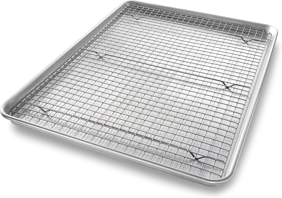 USA Pan 1607CR Bakeware Extra Large Sheet Baking Pan and Bakeable Nonstick Cooling Rack Set, XL, Metal, 15W x  23L