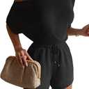 GEMLON Knit Lounge Sets for Women Boatneck Top Drawstring Shorts 2 Piece Outfits Summer (Black, M)