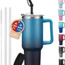 Insulated Tumbler with Straw and Spout Lid - 40 oz Water Bottle w/Handle, Dustproof Cover, Protective Boot, Spill-proof Stainless Steel Hydro Travel Cup Fit Car Cupholder, Coffee Mug (Indigo Black)