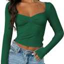 TiulZial Women's Long Sleeve Going Out Crop Top Sexy Pleated Trendy Shirt Sweetheart Neck Y2K Ruched Cropped Tops (Medium, Dark Green)