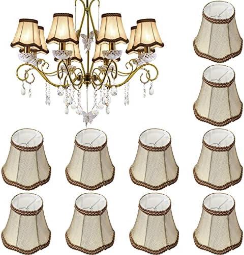 Riakrum 10 Pcs Shades for Chandeliers European Small Lamp Shade Chandelier Clip on Fabric Drum Lamp Mini Rustic Light Cover for Table Candle Wall Light Replacement, 3.1 x 5.5 x 4.7 Inch(Golden)