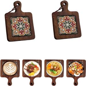 2PCS Solid Wood Drink Coasters Set with Decorative Tile Inlay - Natural Rustic Home Decor for Coffee Table, Dining & Kitchen - Heat Resistant Trivets/Hot Pads for Pots, Pans & Drinks