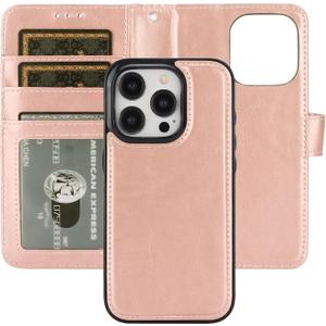 Bocasal Detachable Wallet Case for iPhone 15 Pro RFID Blocking Card Slots Holder Premium PU Leather Magnetic Kickstand Shockproof Wrist Strap Removable Flip Protective Cover 5G 6.1 inch (Rose Gold)