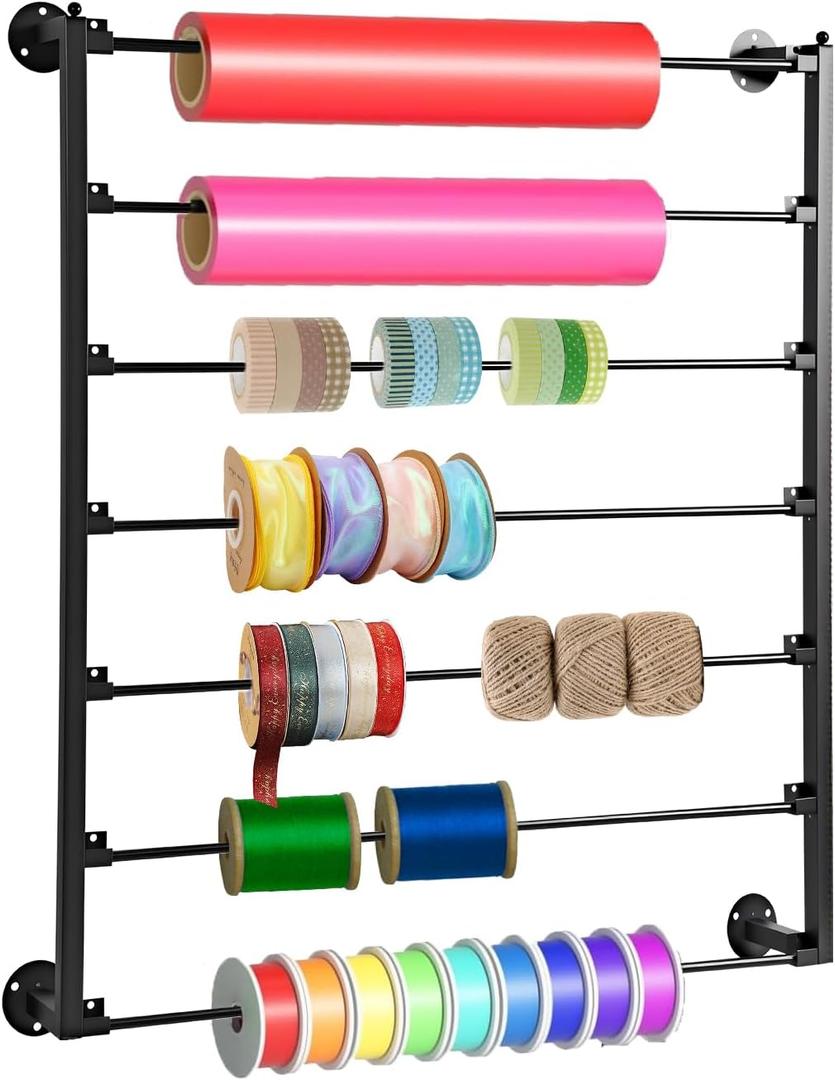 7 Tier Wall Mount Ribbon Organizer, Metal Rack for Craft Room | Wall mounted ribbon holder ideal for flower shops, stores, wrapping paper, scarf, tie, belt, towel storage - Black