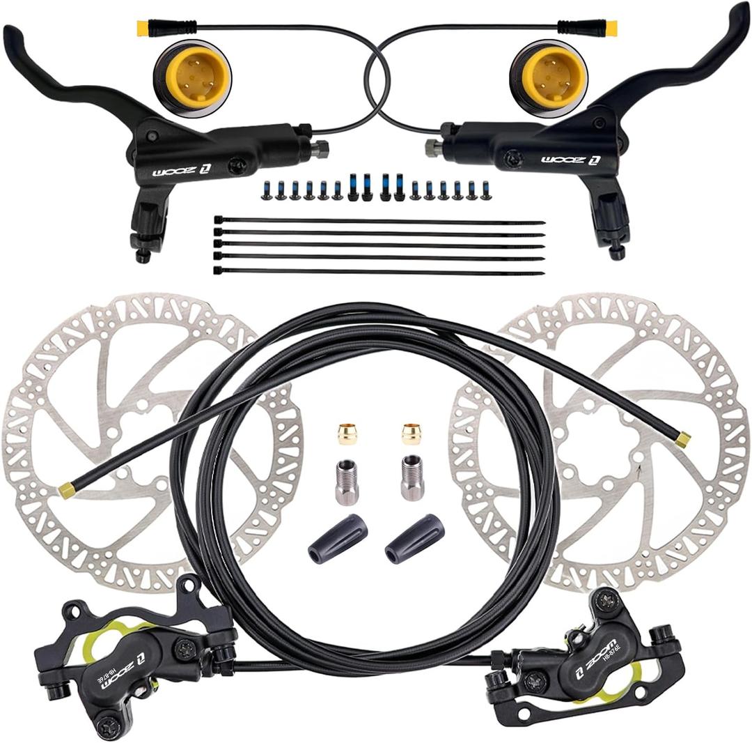 Zoom HB876E 2-PIN/3-PIN 4-Pistons E-Bike Electric Power-Off Hydraulic Brake Set with 180mm Rotors, Pre-Bled Hydraulic Disc Brake Caliper Lever for eBike (Included Mounting Adapter)