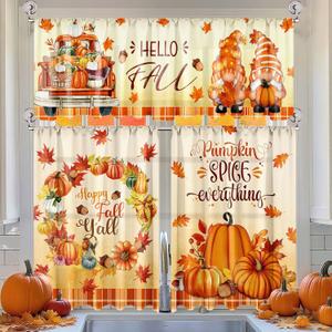Breling 3 Pcs Fall Pumpkin Kitchen Curtains Valances and Tiers Set for Windows Pumpkins Maple Leaf Gnomes Thanksgiving Decor Short Curtain Set for Bedroom Window Treatment Decor Party Favor Supplies