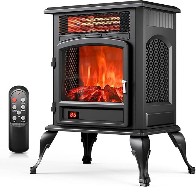 Oylus Electric Fireplace Stove Heater - Freestanding Electric Fireplace Heater with 3D Flame Effect, 1500W Infrared Electric Stove Heater for Indoor Use with Thermostat, Tip-Over & Overheat Protection
