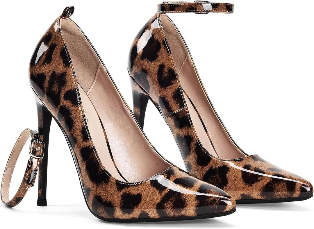 Elisabet Tang Fashion Removable Ankle Strap Classic Pumps High Heels - 4.7IN Sexy Closed Pointy Toe Stilettos for Party Dress Shoes Leopard 7