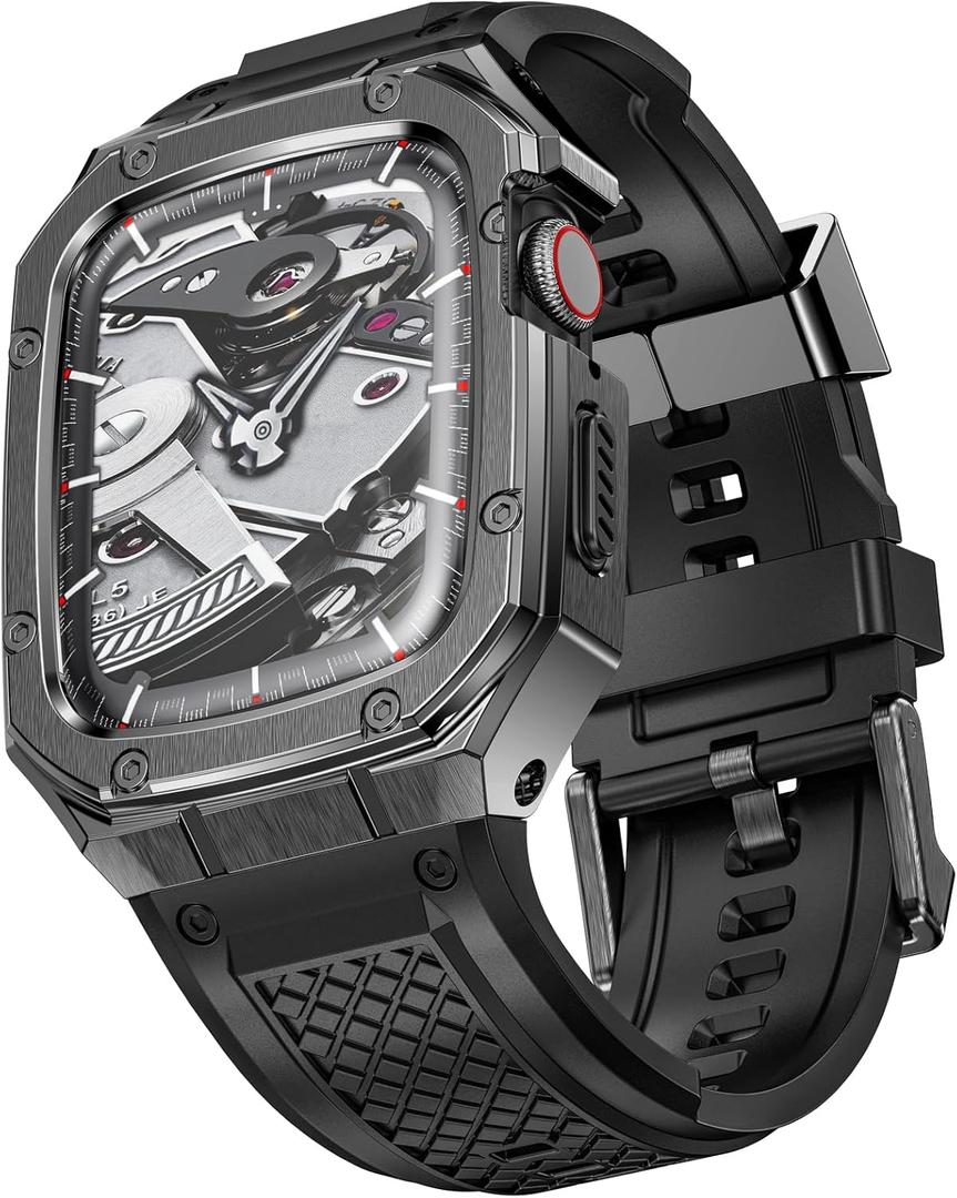 SUPLINK Silicone Bands with Stainless Steel Case Compatible with Apple Watch 10 42mm Band/Apple Watch 11 42mm Band, Rugged Protective Bumper for iWatch Apple Watch Series 10 Men, Space Grey