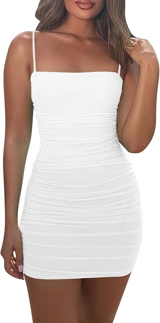 Mizoci Women's Sexy Sleeveless Ruched Spaghetti Strap Bodycon Mini Club Party Dress (Medium, White)