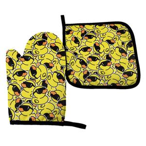 Perinsto Funny Rubber Ducks with Sunglasses Oven Mitts & Pot Holders Kitchen Set Heat Resistant Decorative Cooking Gloves Microwave Oven Gloves for Baking Grilling BBQ