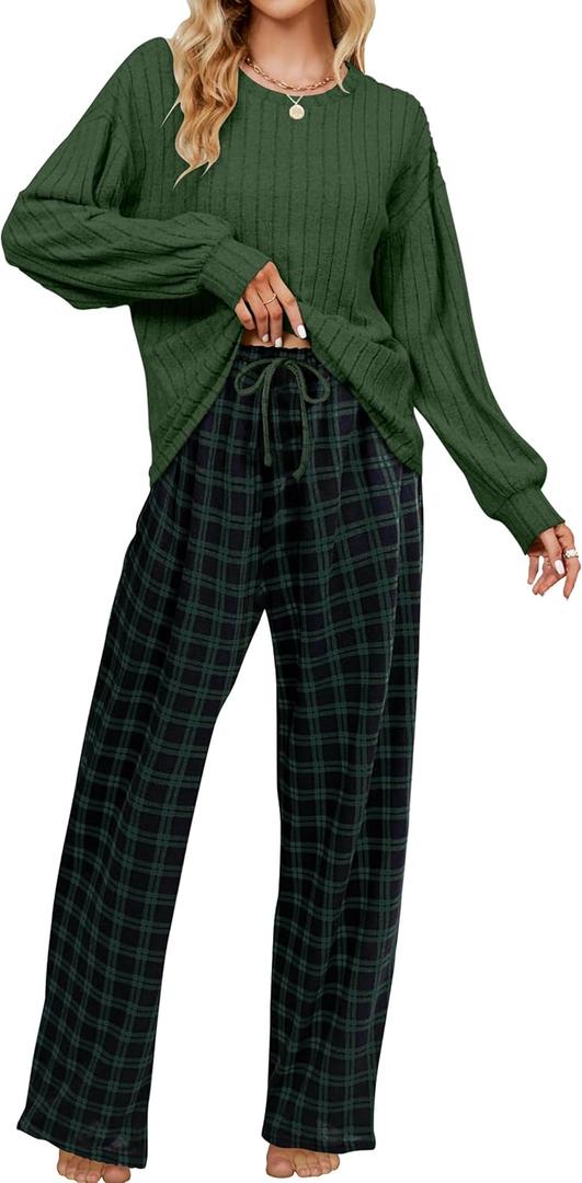 Blooming Jelly Womens Lounge Set Cute Long Sleeve Pajama Sets Casual 2 Piece Pj Outfit Fall Sleepwear Pockets (XX-Large, Green Plaid)