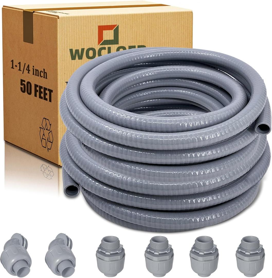 Liquid-Tight Conduit - 1-1/4 inch 50 Feet Flexible Non Metallic Liquid Tight Electrical Conduit Kit, with 4 Straight and 2 Angle Fittings Included