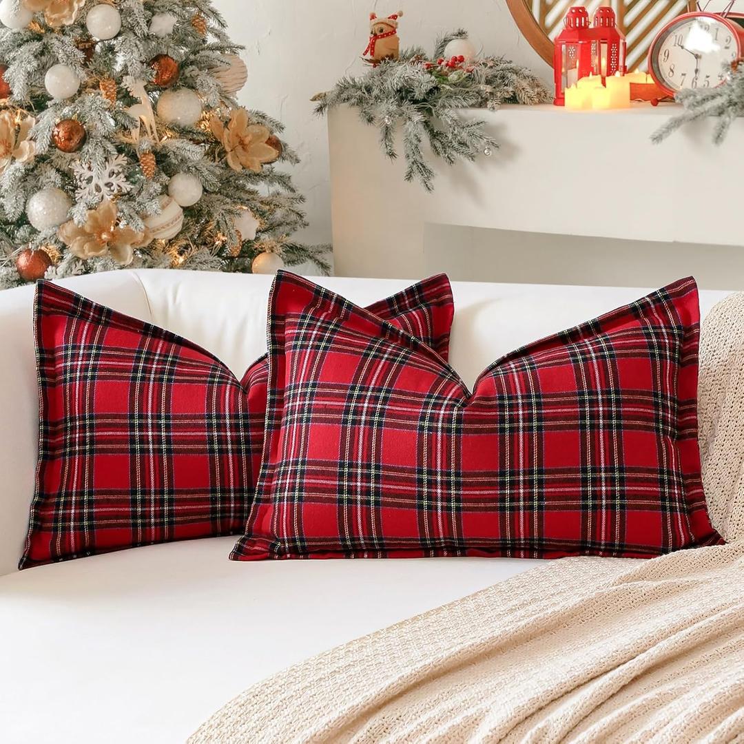 OTOSTAR Pack of 2 Christmas Scottish Plaid Throw Pillow Covers Decorative Check Tartan Lumbar Pillow Covers with Stitched Edge for Sofa Couch Bed Farmhouse Home Decor 12x20 Inches, Red