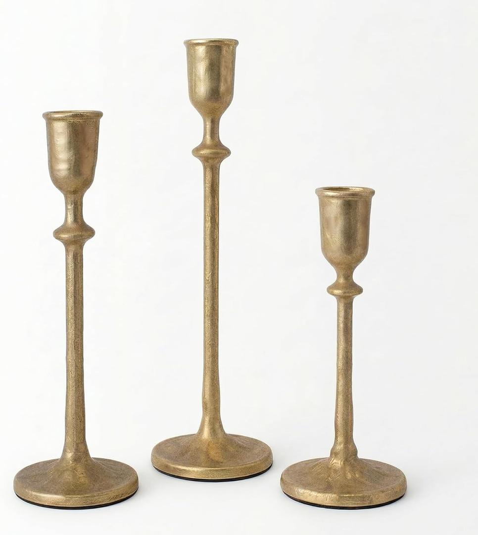 Antique Brass Candlestick Holders Set of 3, Cast Iron Taper Candle Holder for Dining Table Centerpiece, Wedding, Fireplace Mantel Decor, Vintage Tall Candle Stands, Christmas Decorations
