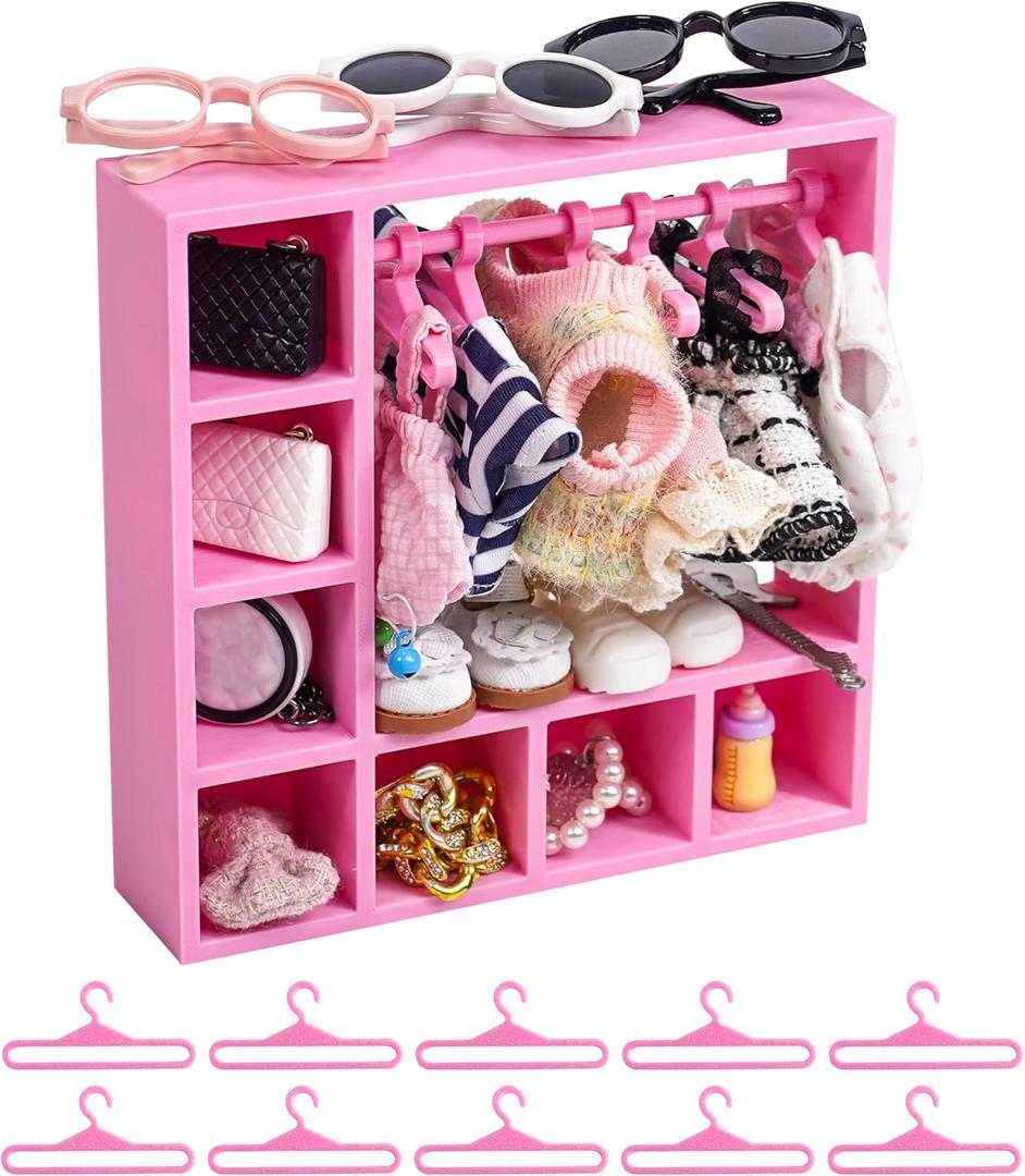 Doll Clothes Closet, Wardrobe with 10 Hangers, Portable Storage Organizer and Display Box for Fashion Doll Clothes & Accessories, Pink