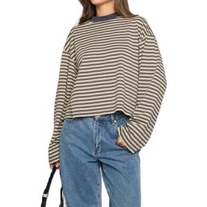 Women Y2k Long Sleeve Fairy Grunge Striped Baggy Tees Shirts 2000s Emo Aesthetic Sweater Crop Tops Streetwear (Large, Yellow)