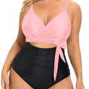 Daci Plus Size One Piece Swimsuit - Tummy Control Bathing Suit for Women Cutout Swimwear Pink and Black 18W