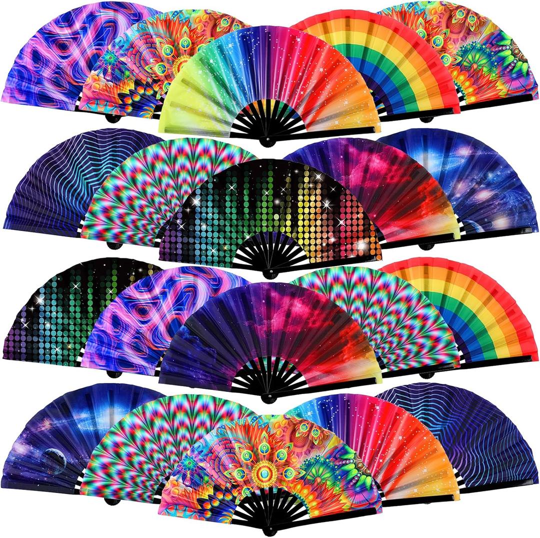 20 Pcs Rave Fans Bulk Large Folding Hand Fans with Plastic Ribs for Men Women, Chinese Japanese Rainbow Handheld with Fabric Case for Drag Queen Dance Club Music Festival Party(Novelty)