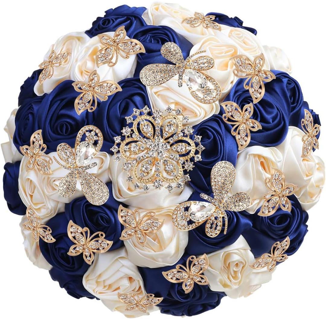 Handmade Wedding Flowers Bouquet Round Holding Bridal Bouquet Toss Artificial Rose Bunch for Bride Bridesmaid Wedding Quinceanera (Navy Blue & Cream, 7.5") Small (Dia. 7.5"/19cm)