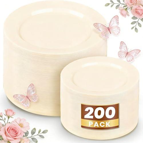 WDF 200PCS Ivory Plastic Plates - Elegant Ivory Disposable Plates for Party- Include 100 Dinner Plate 10inch and 100 Plastic Dessert Plate 7inch Perfect for Party Baby Shower Spring Mother's Day