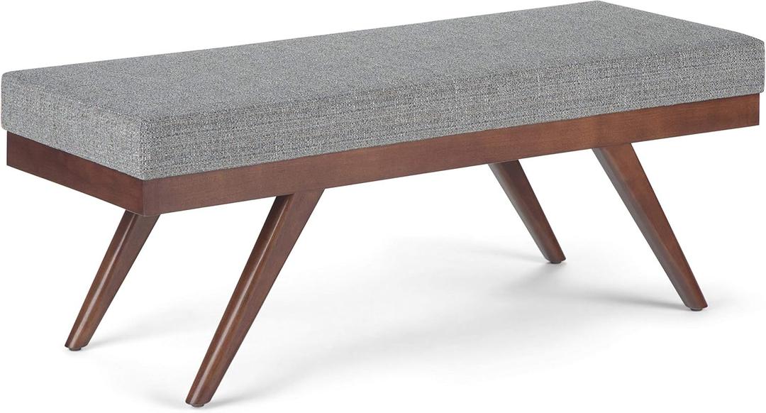 SIMPLIHOME Chanelle 48 inch Wide Mid Century Modern Rectangle Ottoman Bench in Pebble Grey Tweed Look Fabric, Assembled, For the Living Room and Bedroom