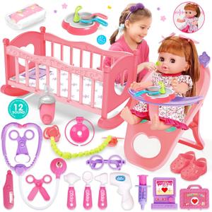 Baby Doll Toys Set, 14" Doll Toys, 25Pcs Dolls Care Toy Playset, Toddlers Toy Dolls Set Incl Cradle Crib, High Chair, Milk Bottle, Pacifier, Diaper, Baby Gift for Age 3 4 5 6+ Years Old Girls Boys